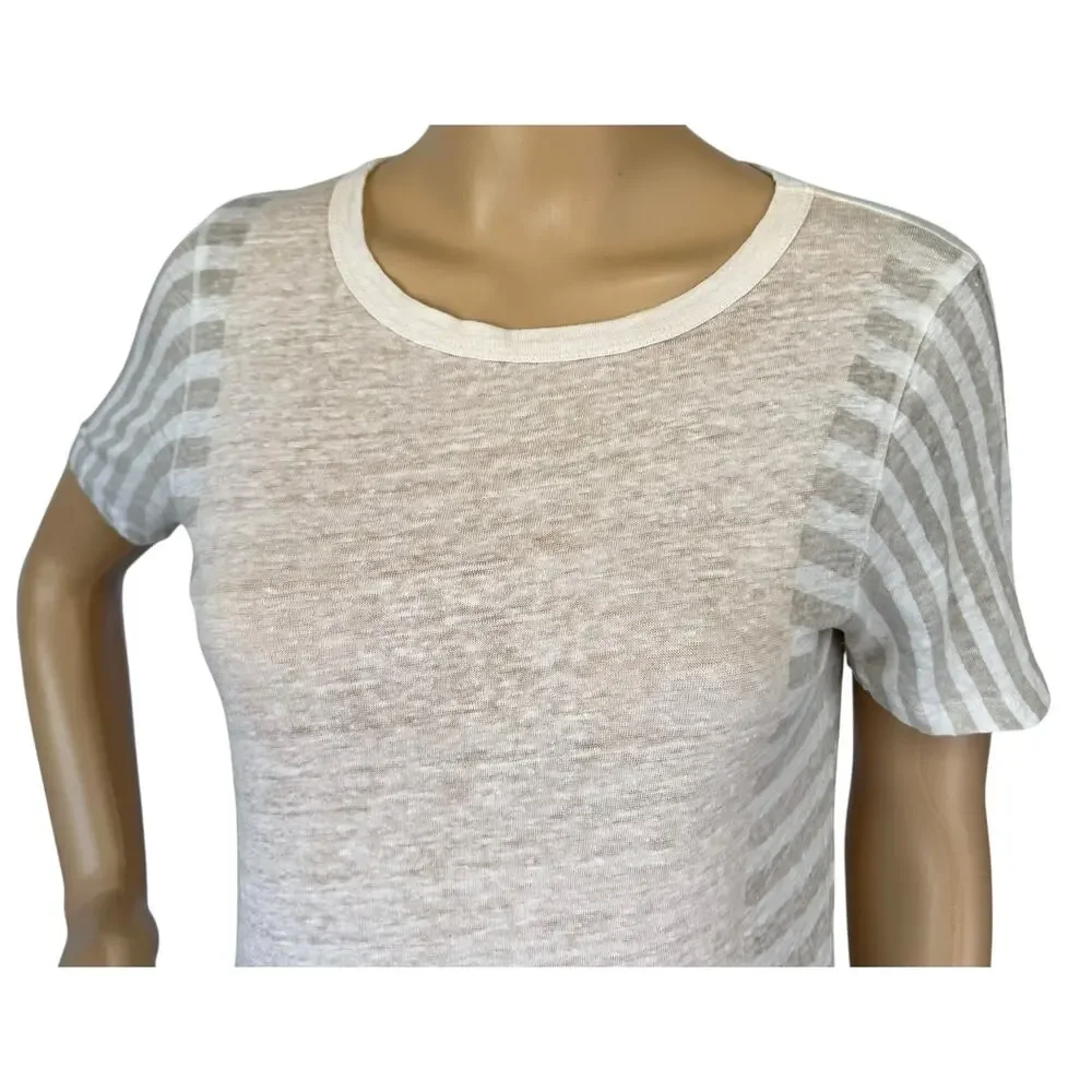 J. Crew Pure Linen Paneled T-Shirt Striped Beige White A0551 Size S